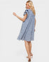 Woman wearing a blue checkered dress on a white background