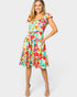 Vestido corto de manga corta con estampado floral en fucsia y menta