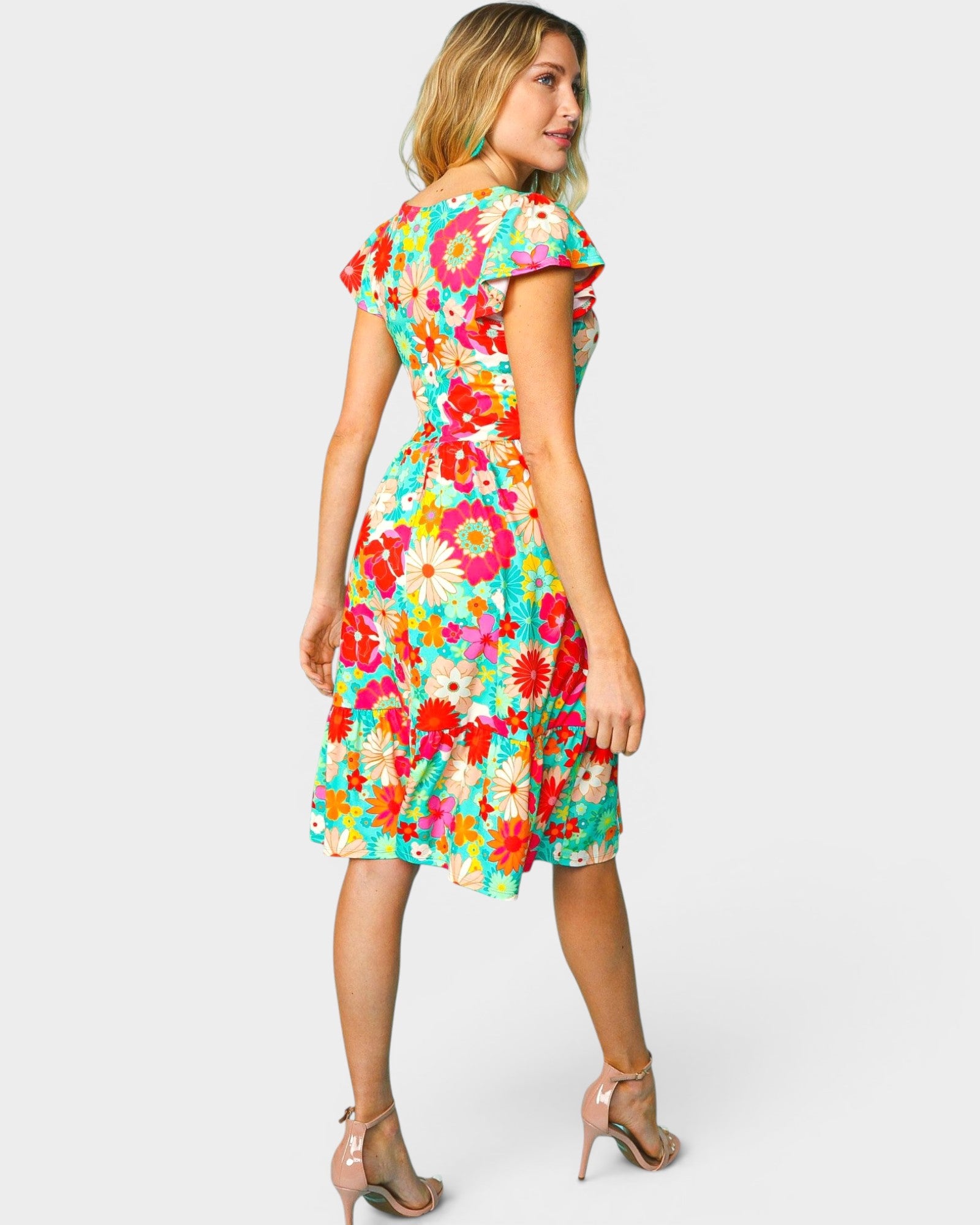 Vestido corto de manga corta con estampado floral en fucsia y menta