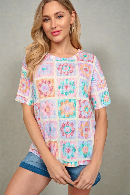Multicolor Crochet Print Short Sleeve Top