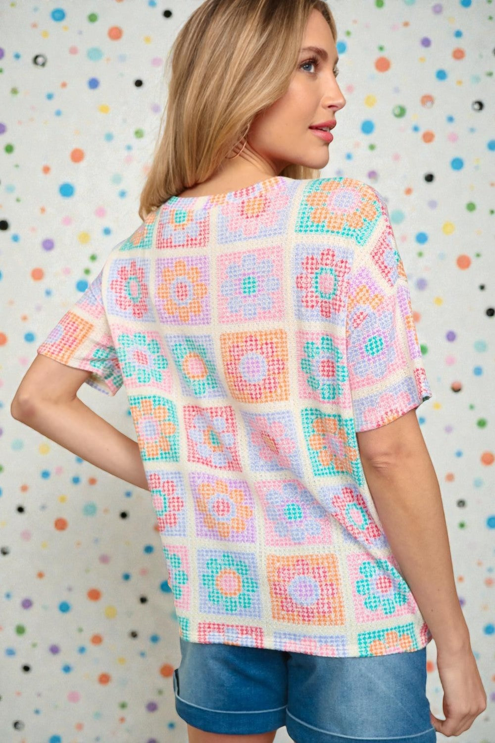 Multicolor Crochet Print Short Sleeve Top