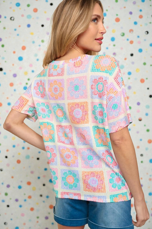 Multicolor Crochet Print Short Sleeve Top