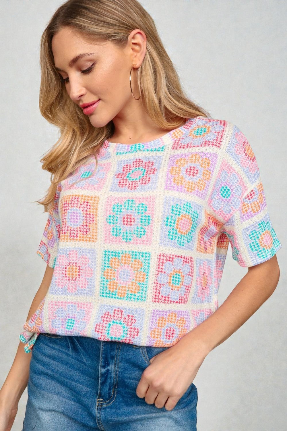 Multicolor Crochet Print Short Sleeve Top