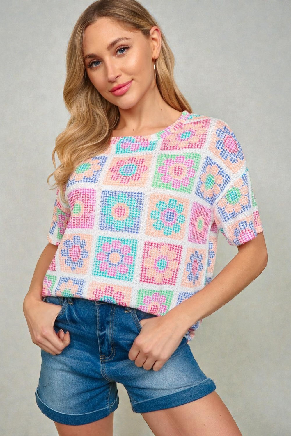 Multicolor Crochet Print Short Sleeve Top
