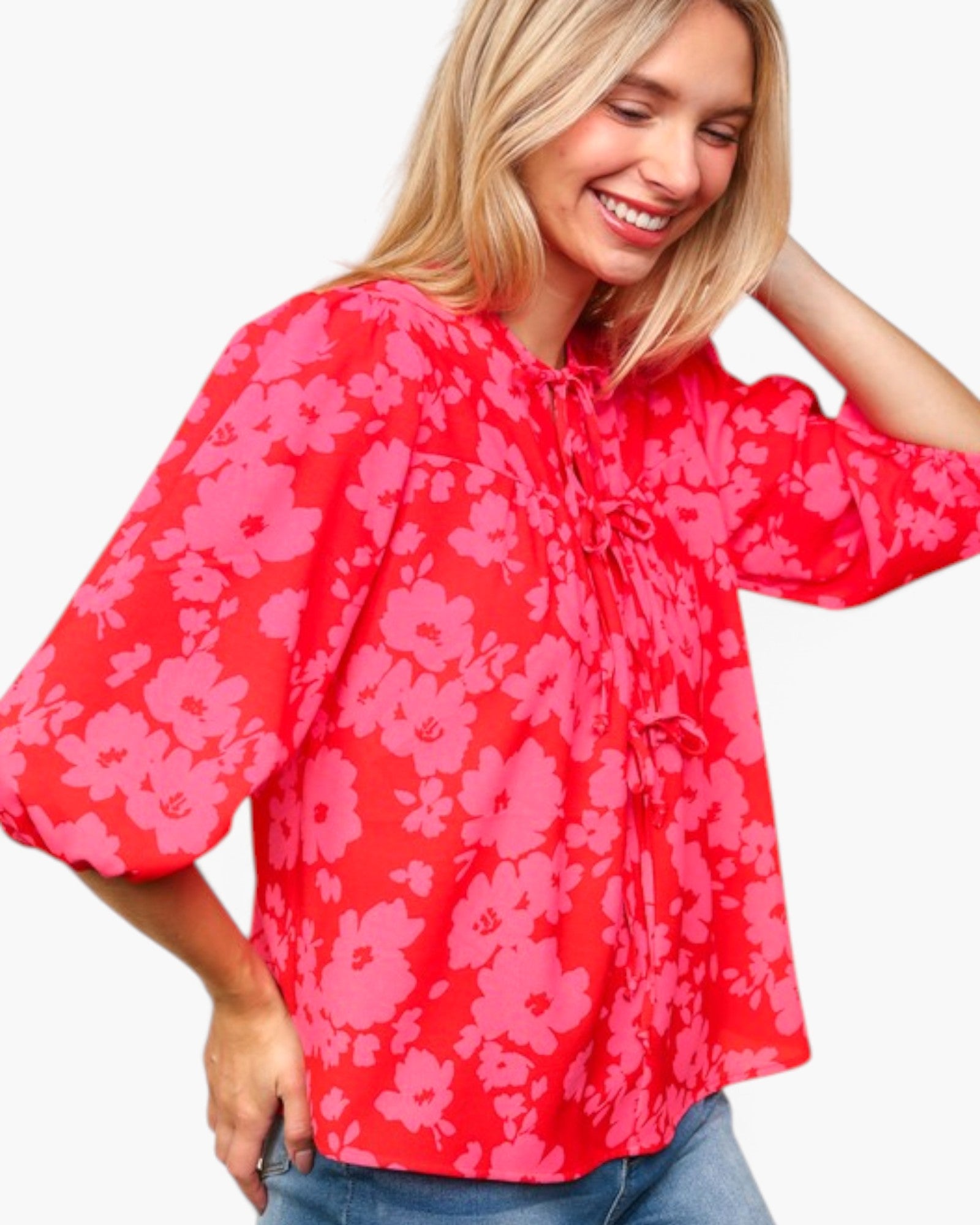 Red & Pink Floral Tie-Front Blouse