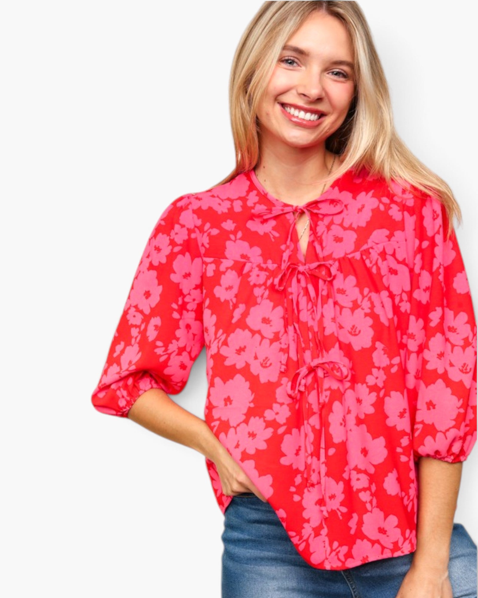 Red & Pink Floral Tie-Front Blouse