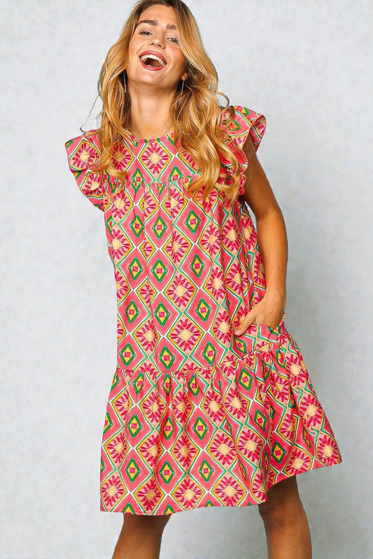 Coral & Green Diamond Print Mini Dress