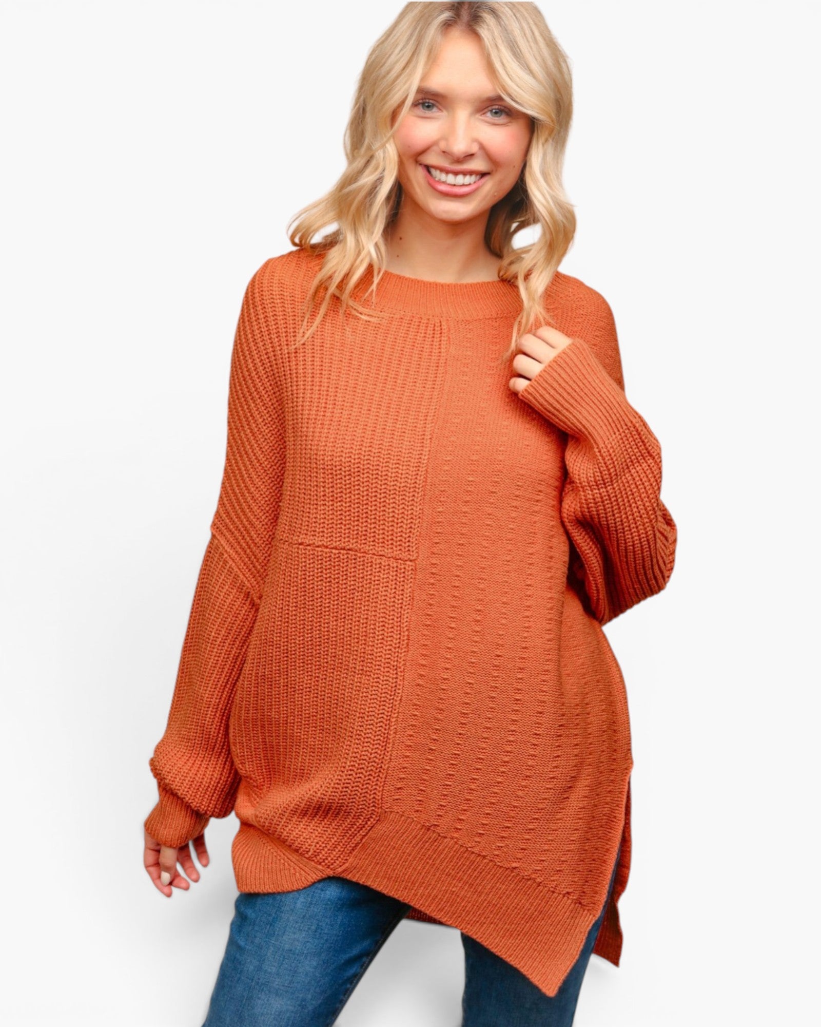 Pumpkin Mixed-Knit Oversized Sweater