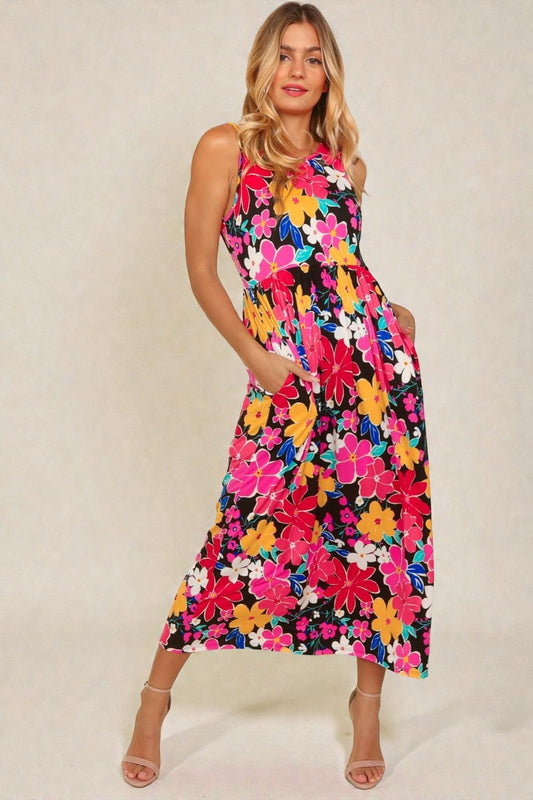 Robe mi-longue sans manches à imprimé floral jaune fuchsia en noir