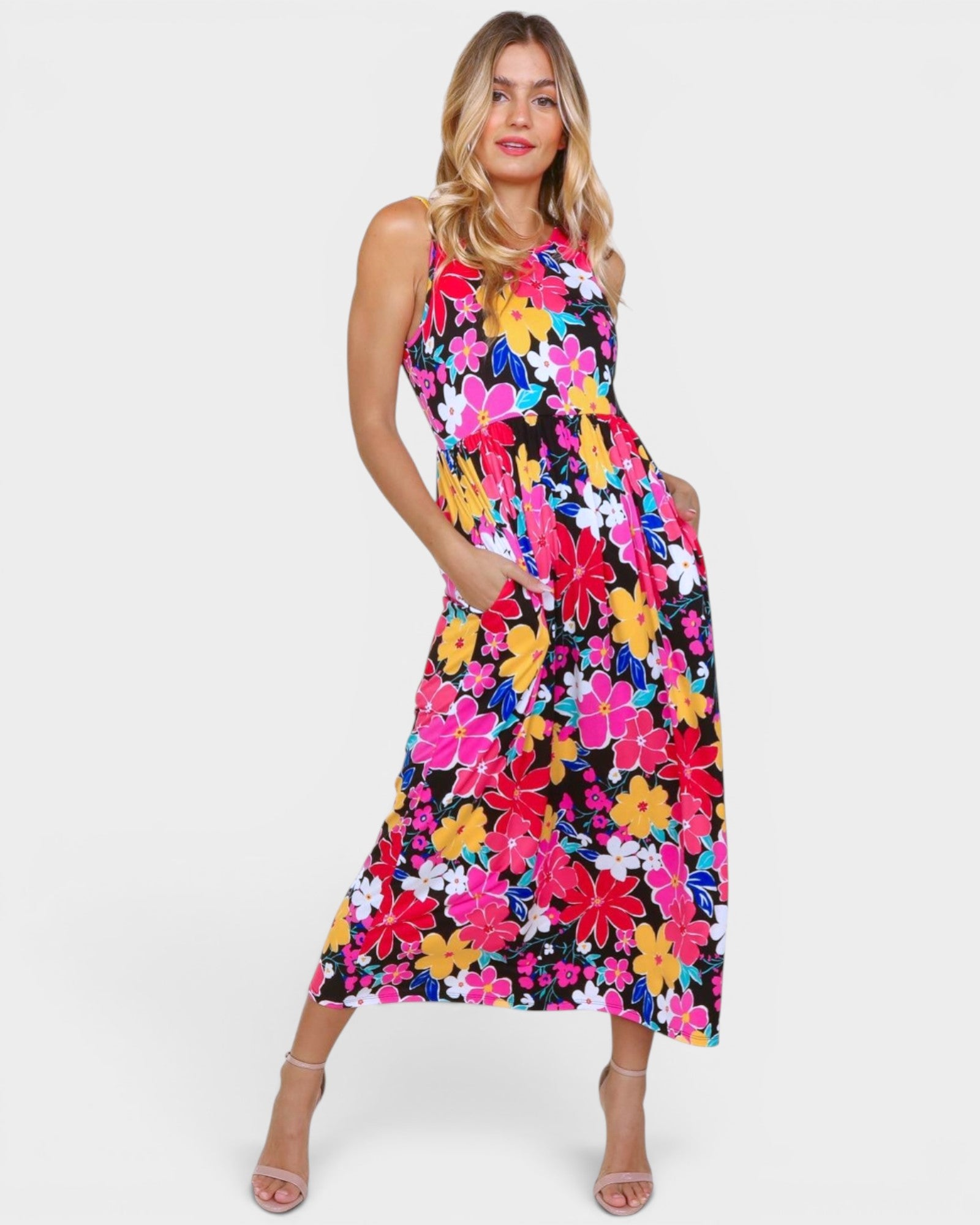 Vestido midi sin mangas con estampado floral en amarillo fucsia en negro