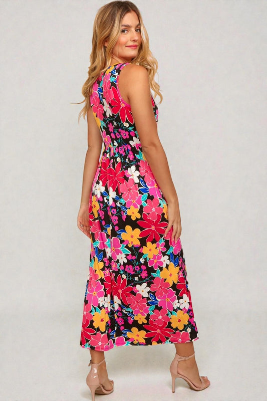 Robe mi-longue sans manches à imprimé floral jaune fuchsia en noir