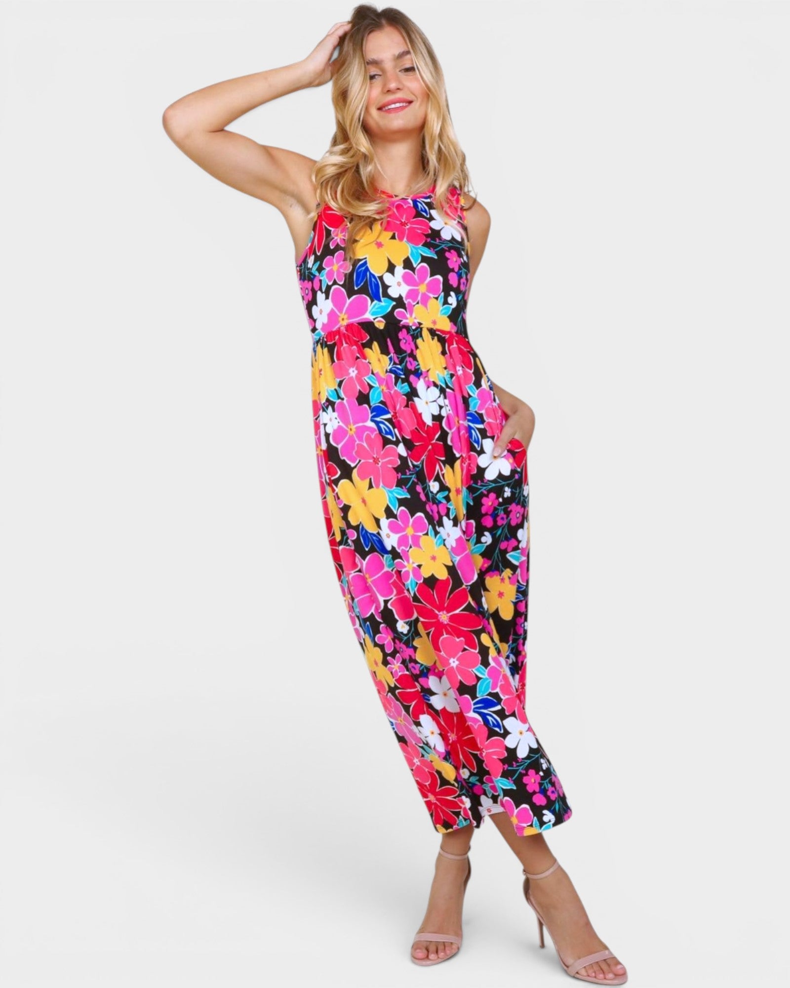 Vestido midi sin mangas con estampado floral en amarillo fucsia en negro