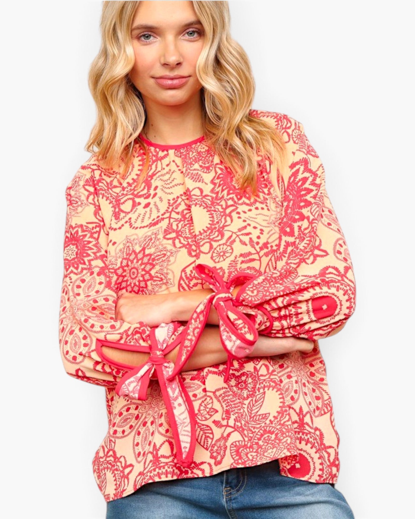 Peach & Coral Floral Tie-Sleeve Blouse