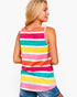 A woman shown from the back wearing a sleeveless tank top with horizontal stripes in pink, orange, teal, yellow, and white, paired with blue denim shorts, against a plain white background.