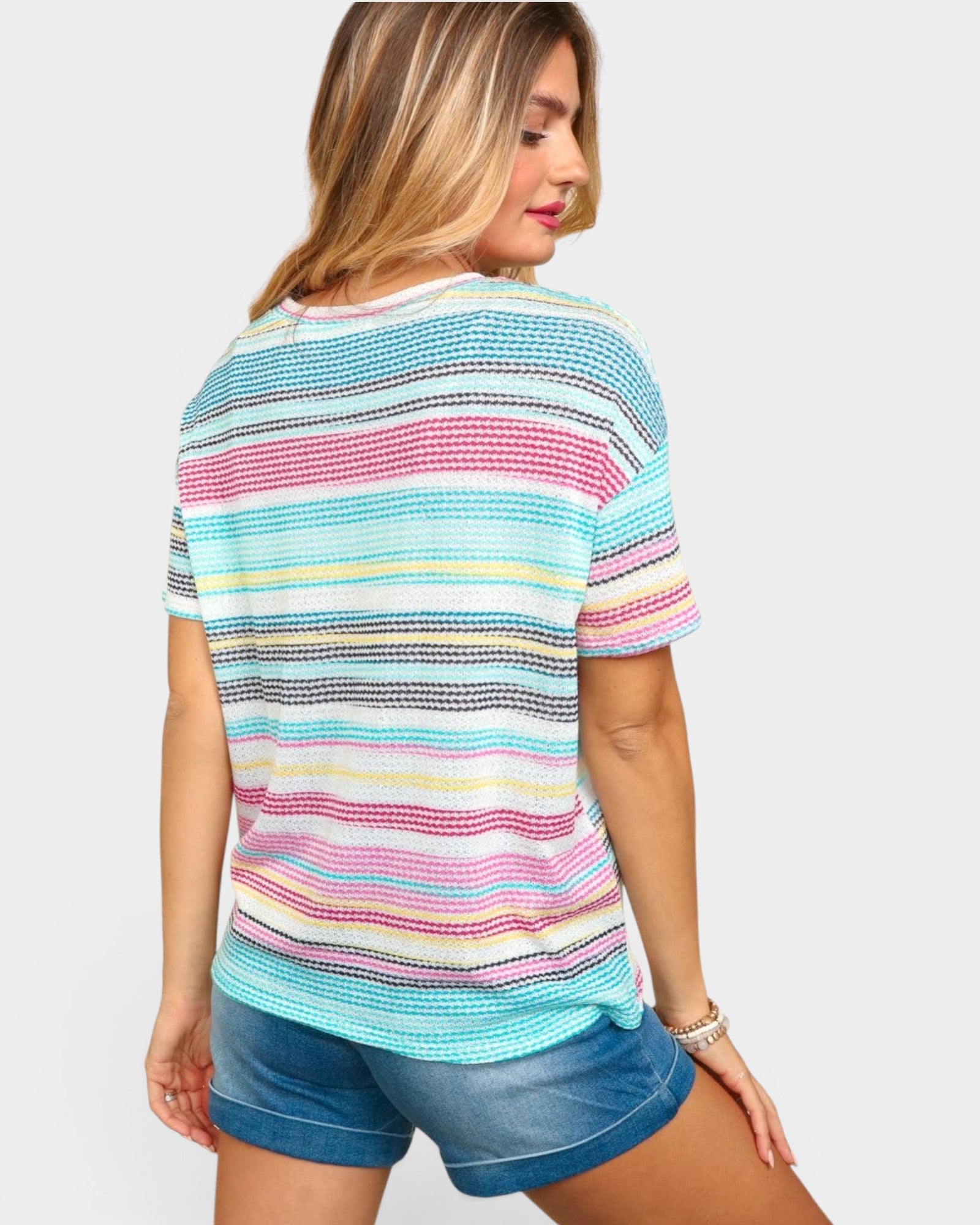 Camiseta de manga corta con rayas de punto gofrado en fucsia menta