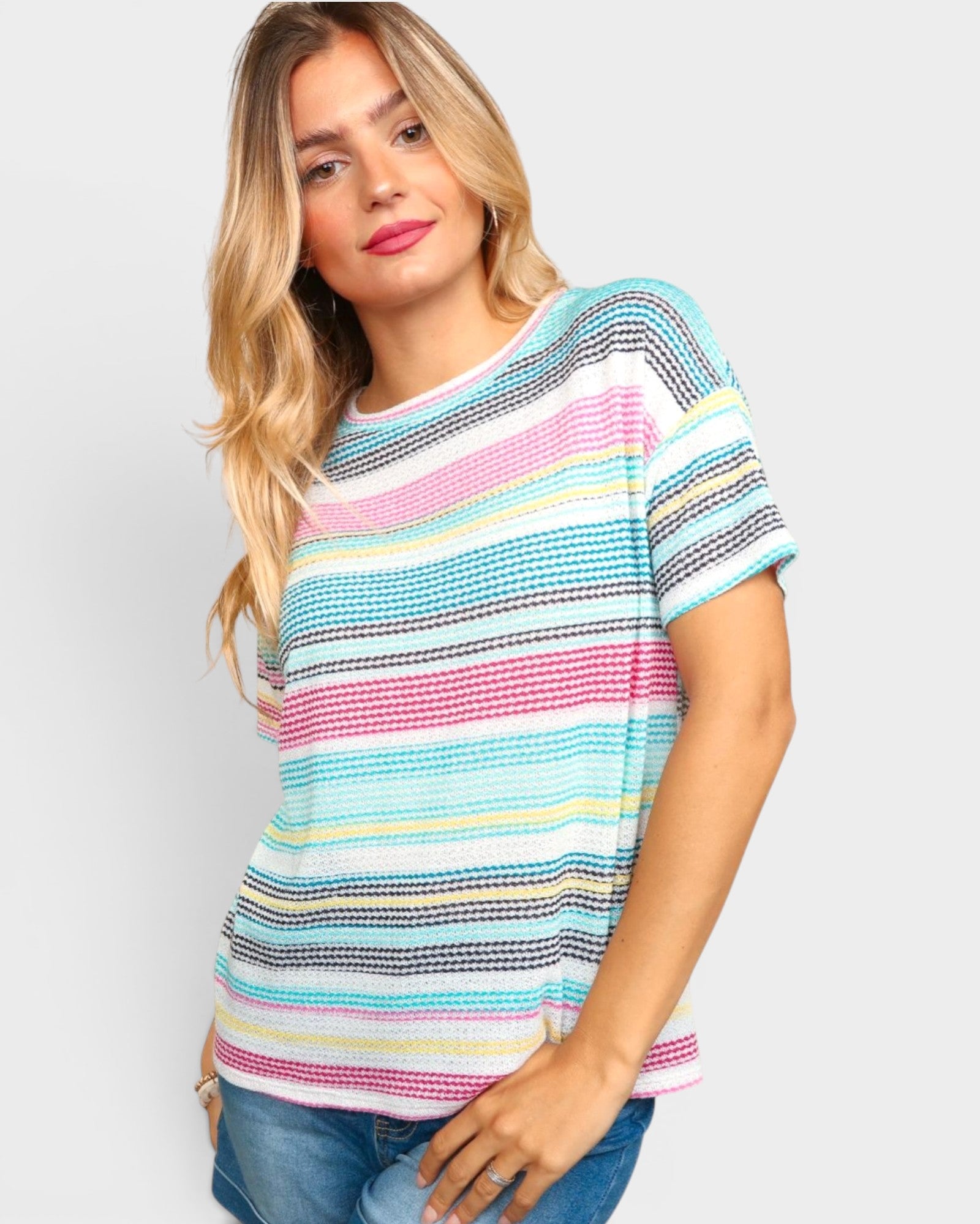 Camiseta de manga corta con rayas de punto gofrado en fucsia menta