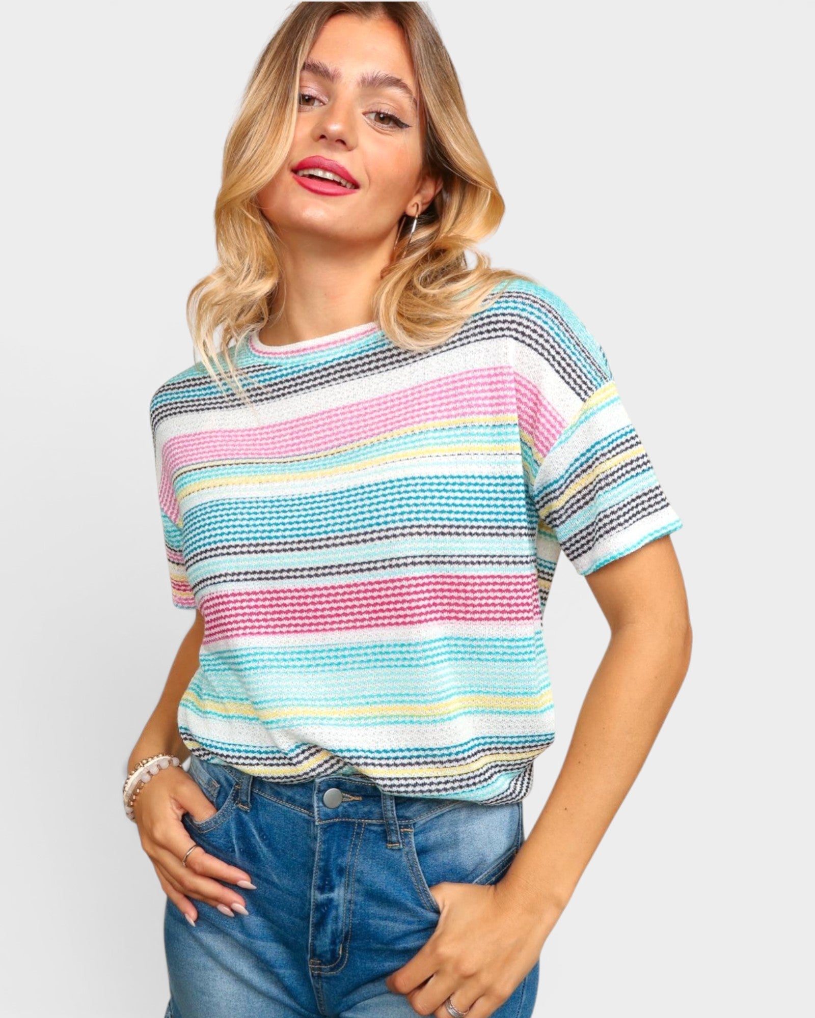 Camiseta de manga corta con rayas de punto gofrado en fucsia menta