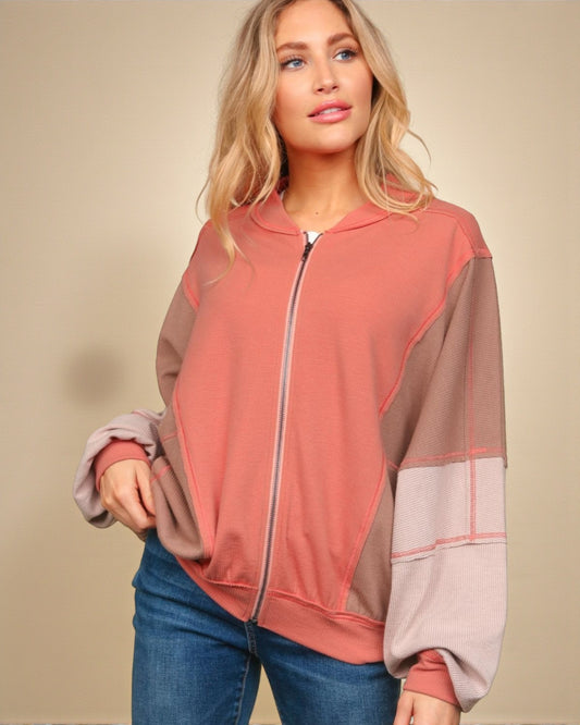Coral Colorblock Zip-Up Knit Jacket