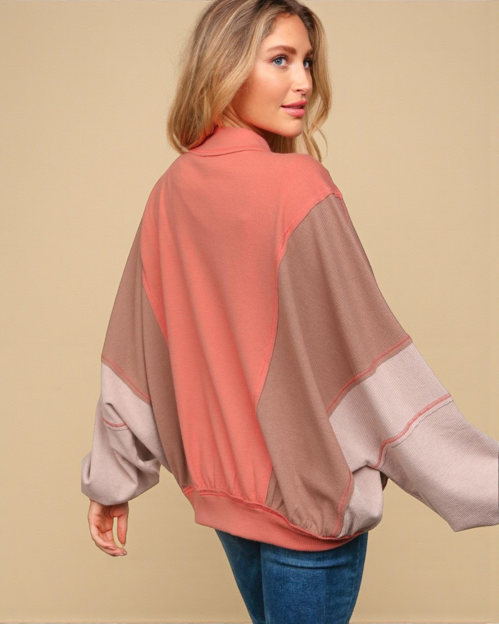 Coral Colorblock Zip-Up Knit Jacket
