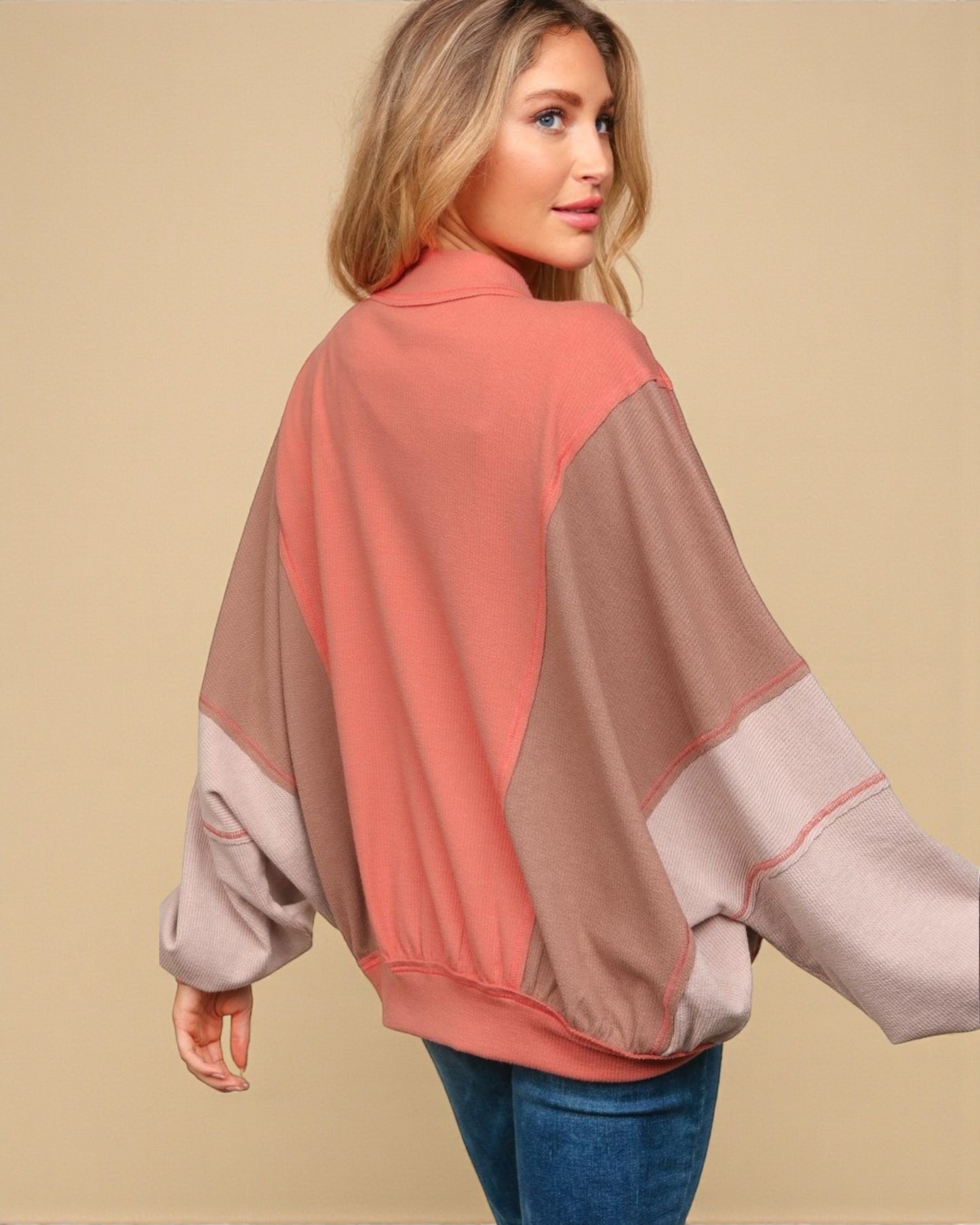 Coral Colorblock Zip-Up Knit Jacket