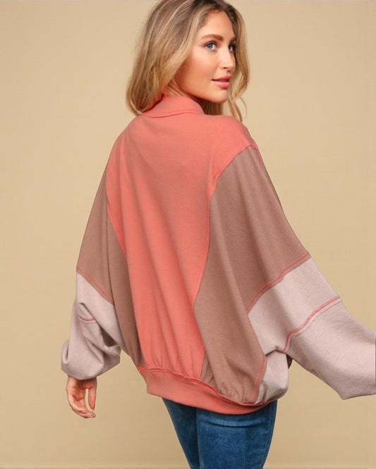 Coral Colorblock Zip-Up Knit Jacket