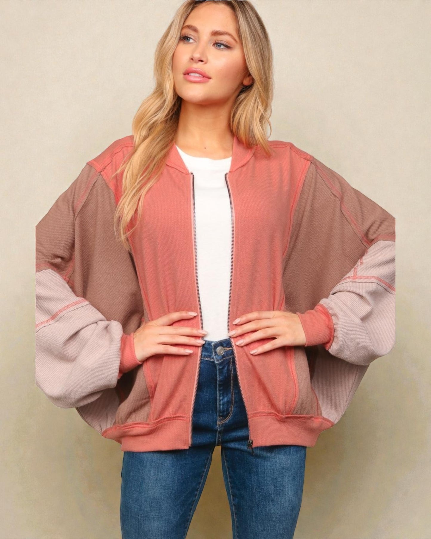 Coral Colorblock Zip-Up Knit Jacket