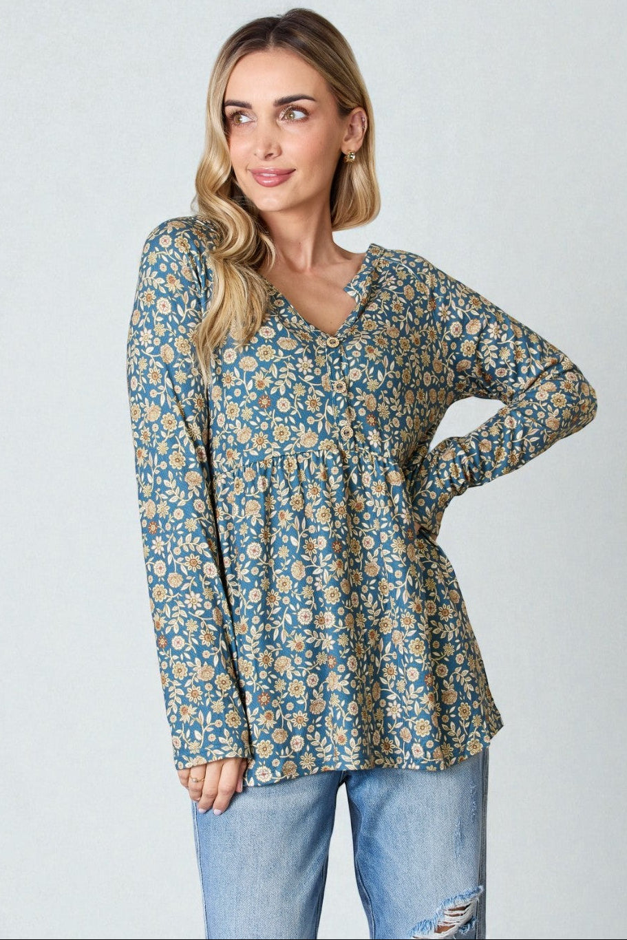 Dusty Teal Floral Button Front Peplum Top