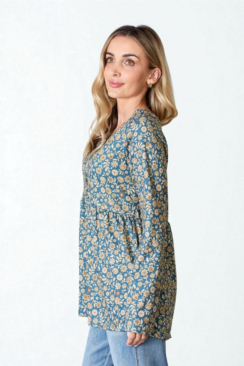 Chemisier à manches longues et demi-bouton imprimé floral en bleu sarcelle poussiéreux