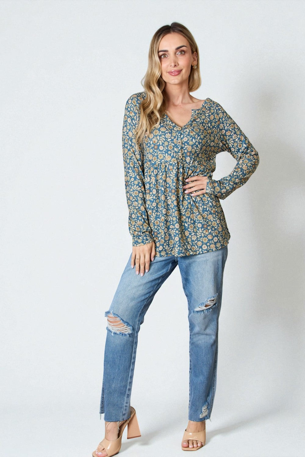 Dusty Teal Floral Button Front Peplum Top