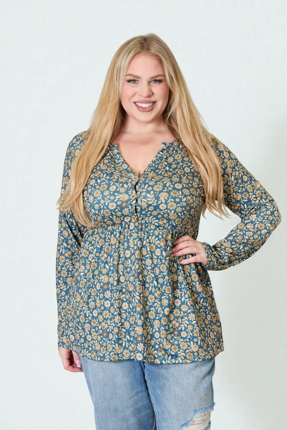 Dusty Teal Floral Button Front Peplum Top