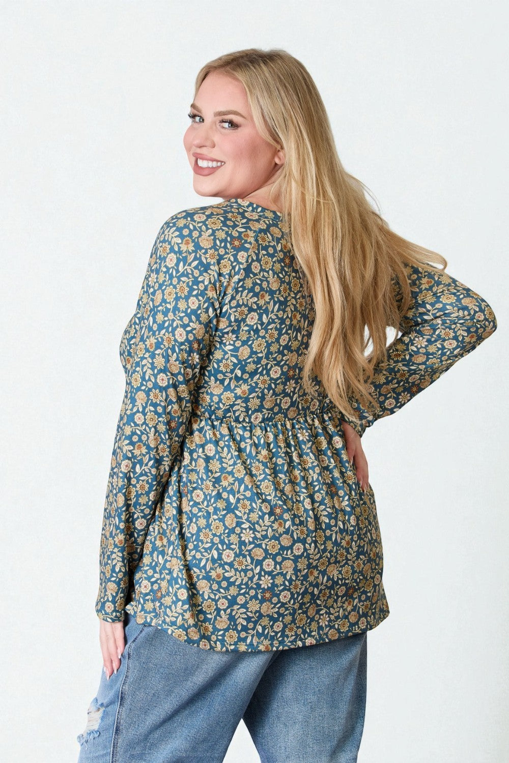 Dusty Teal Floral Button Front Peplum Top