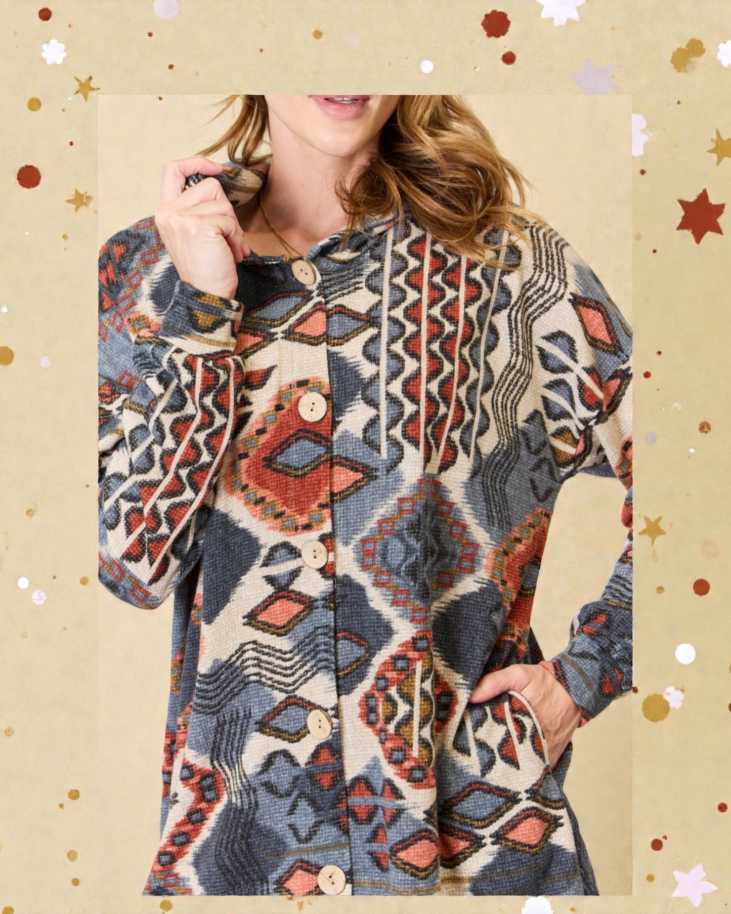 Person wearing a patterned jacket with a beige background