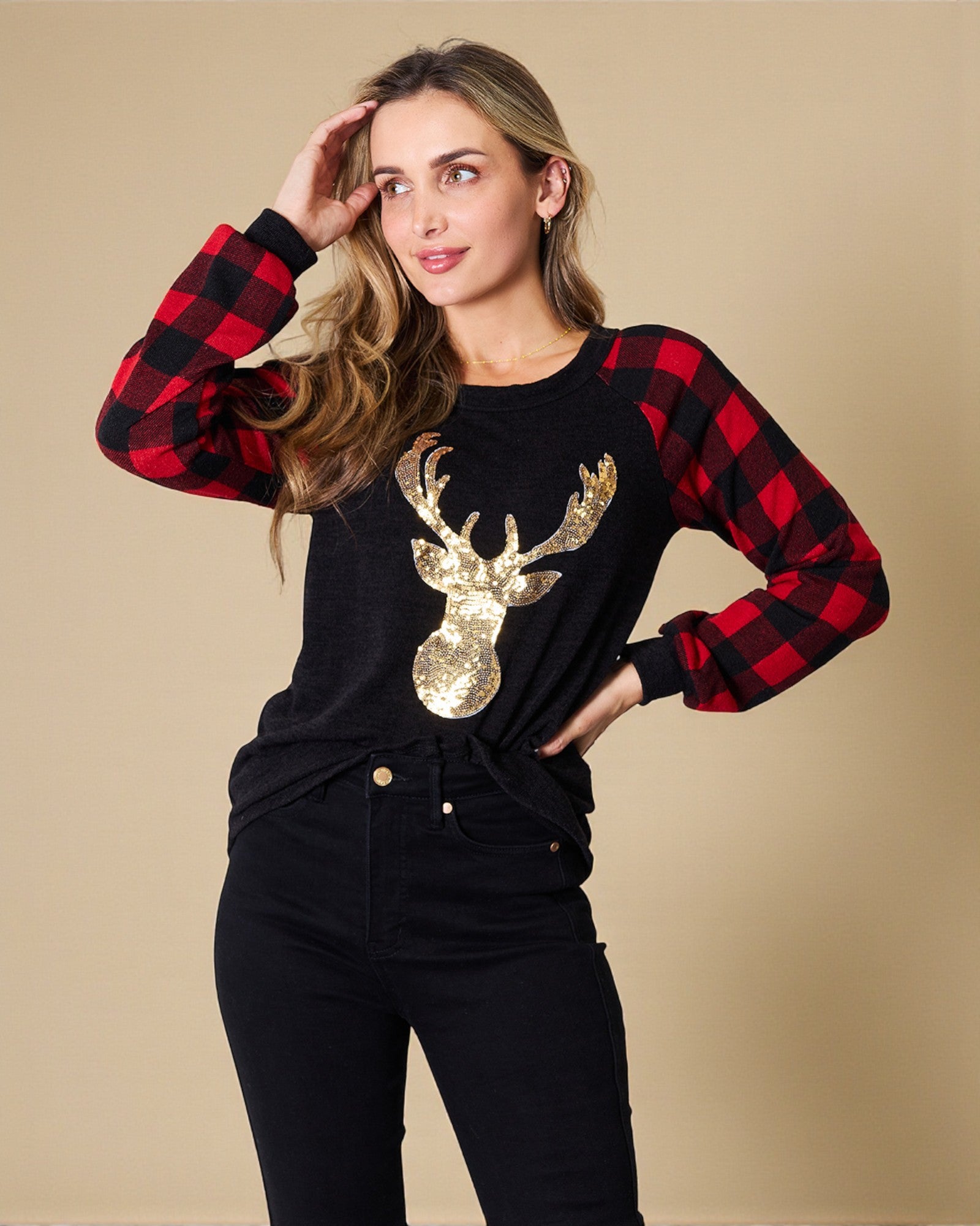 Black & Red Buffalo Plaid Sequin Reindeer Top