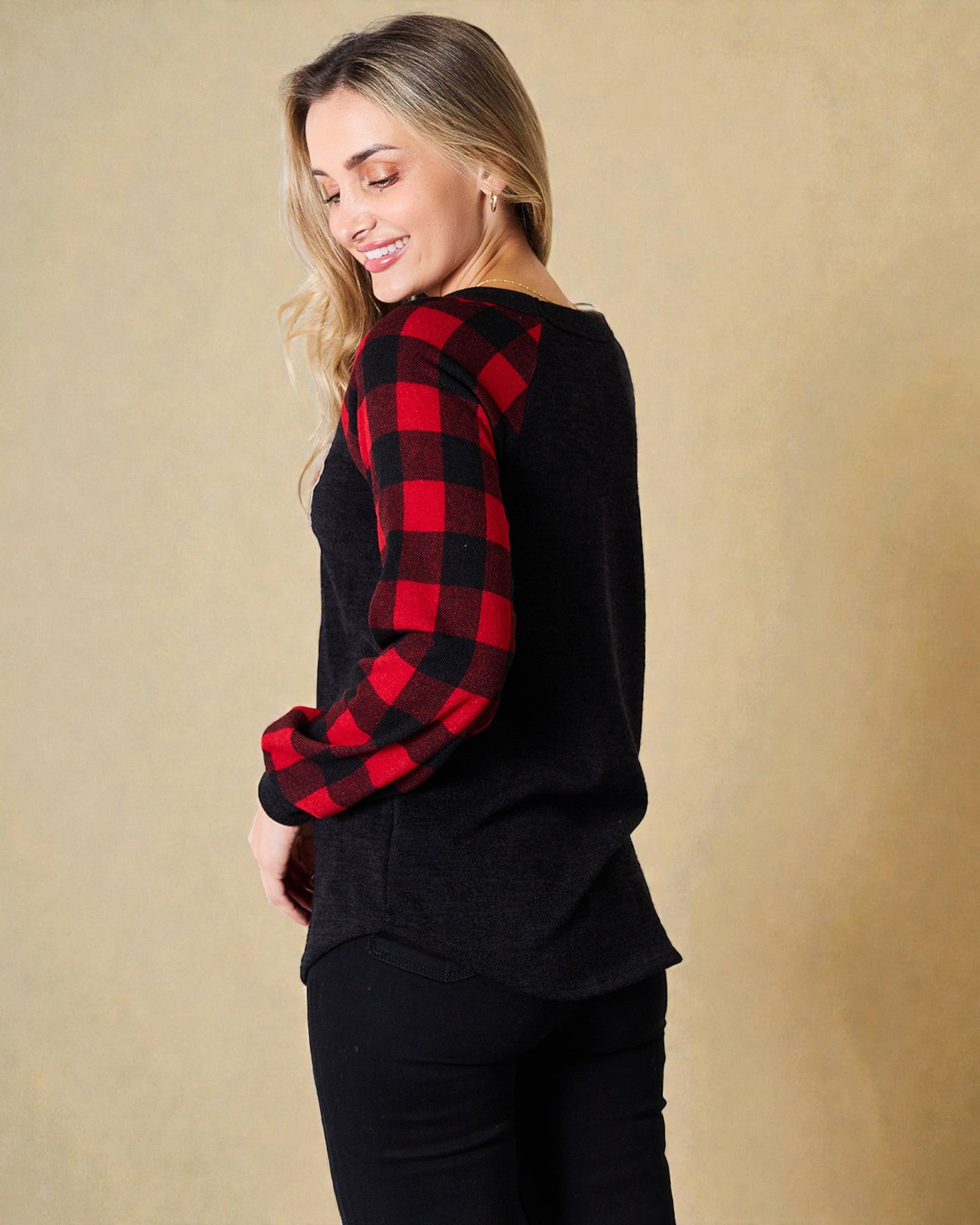 Black & Red Buffalo Plaid Sequin Reindeer Top