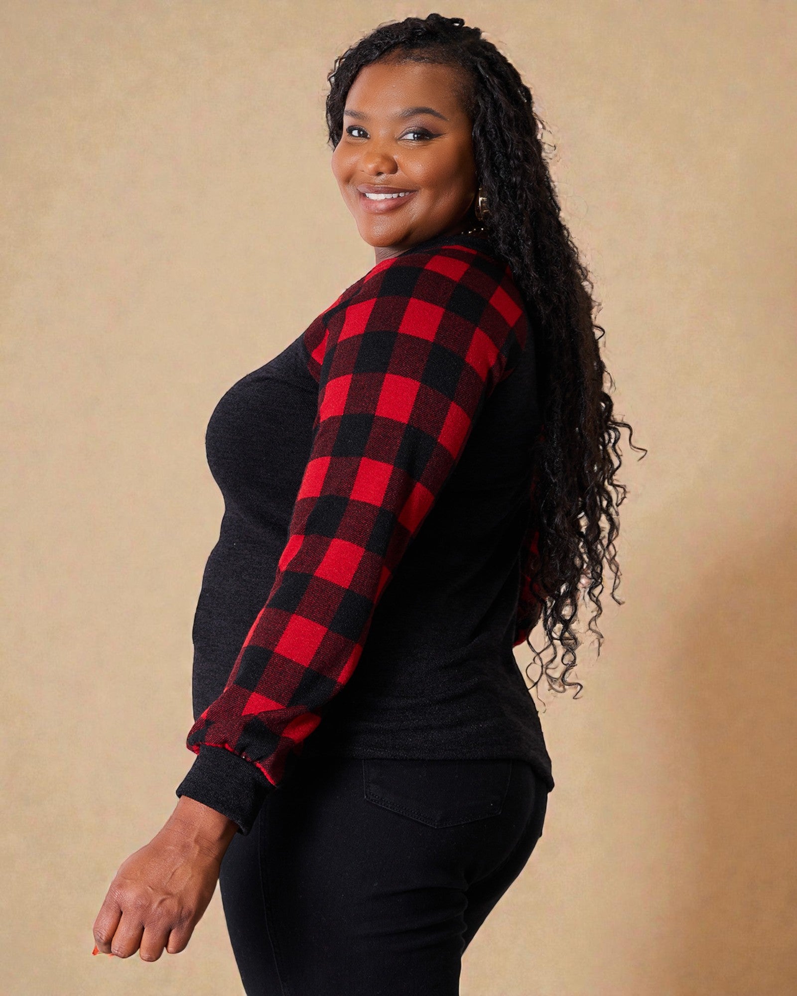 Black & Red Buffalo Plaid Sequin Reindeer Top