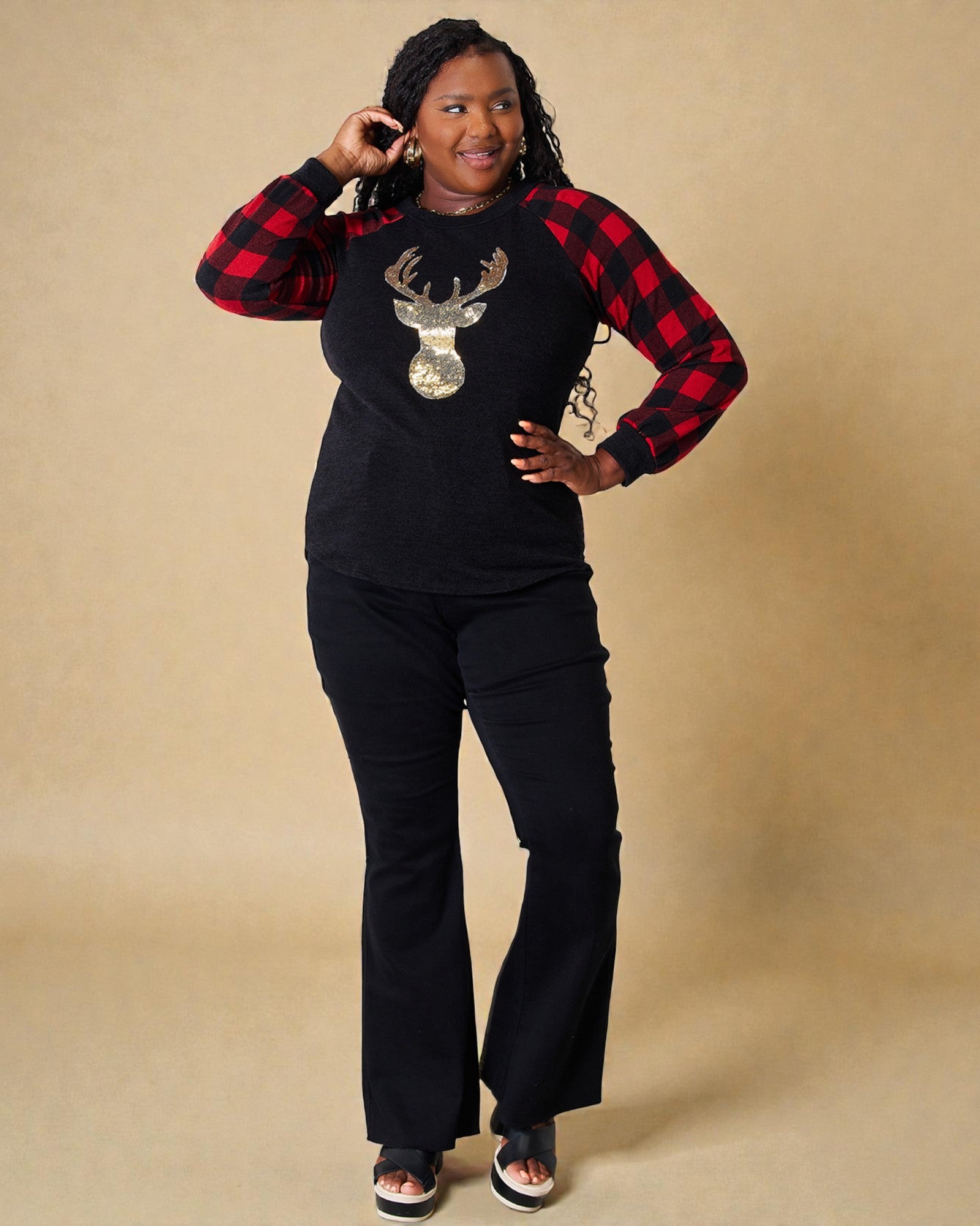 Black & Red Buffalo Plaid Sequin Reindeer Top
