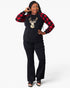 A woman modeling a black raglan long-sleeve top with red buffalo plaid sleeves, a gold sequined deer graphic on the chest, and black flared pants against a light gray background.