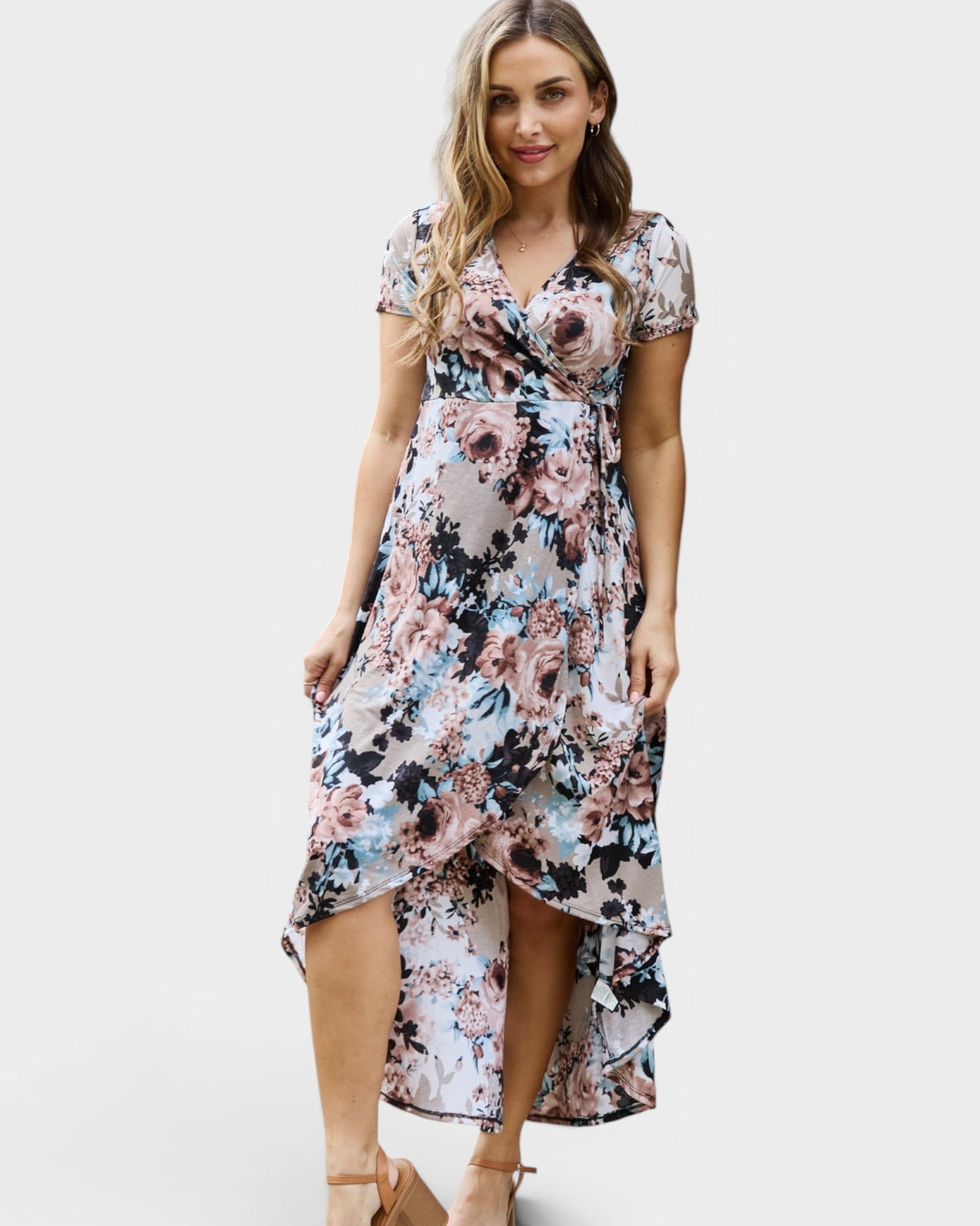 Taupe Floral Wrap Maxi Dress