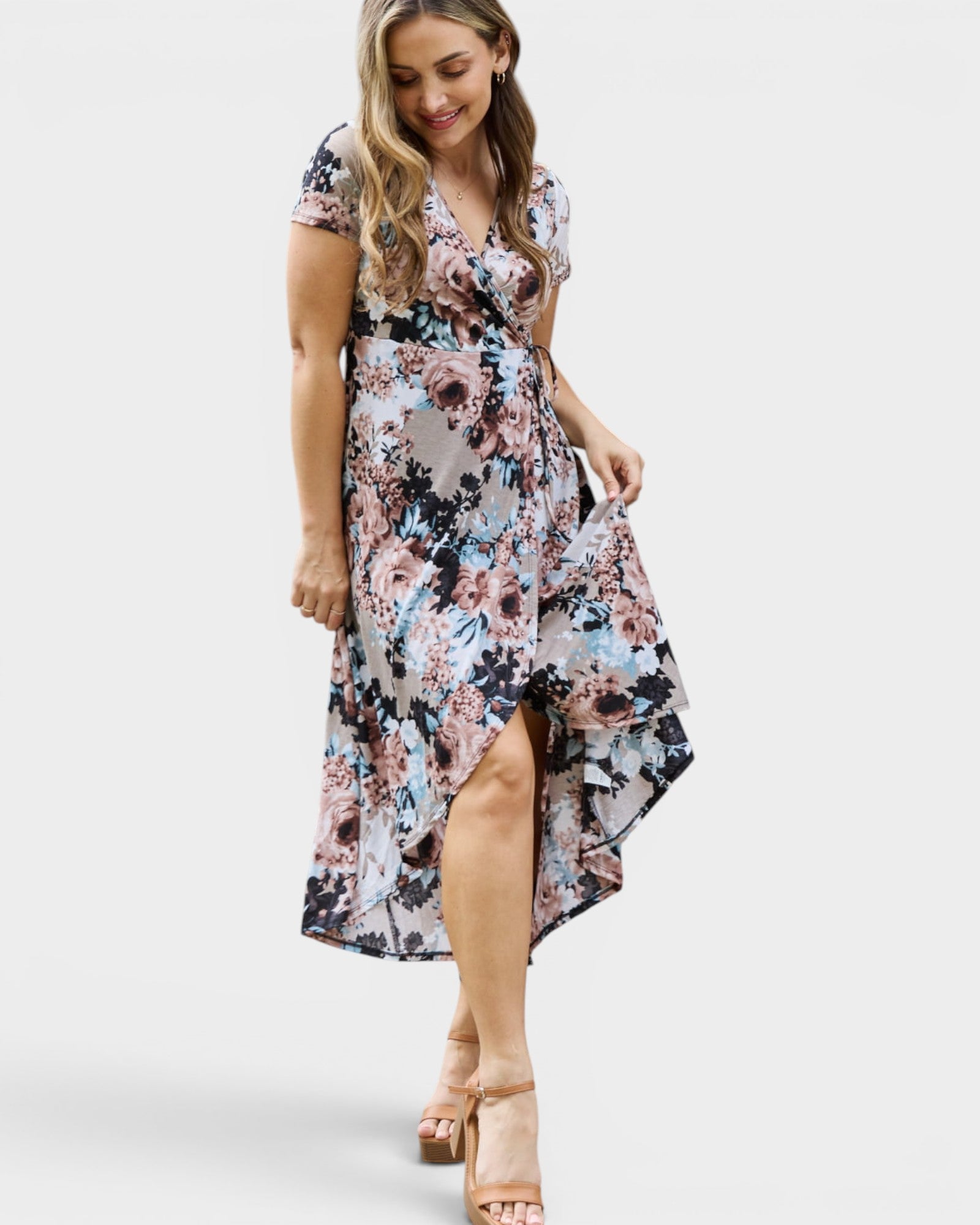 Taupe Floral Wrap Maxi Dress