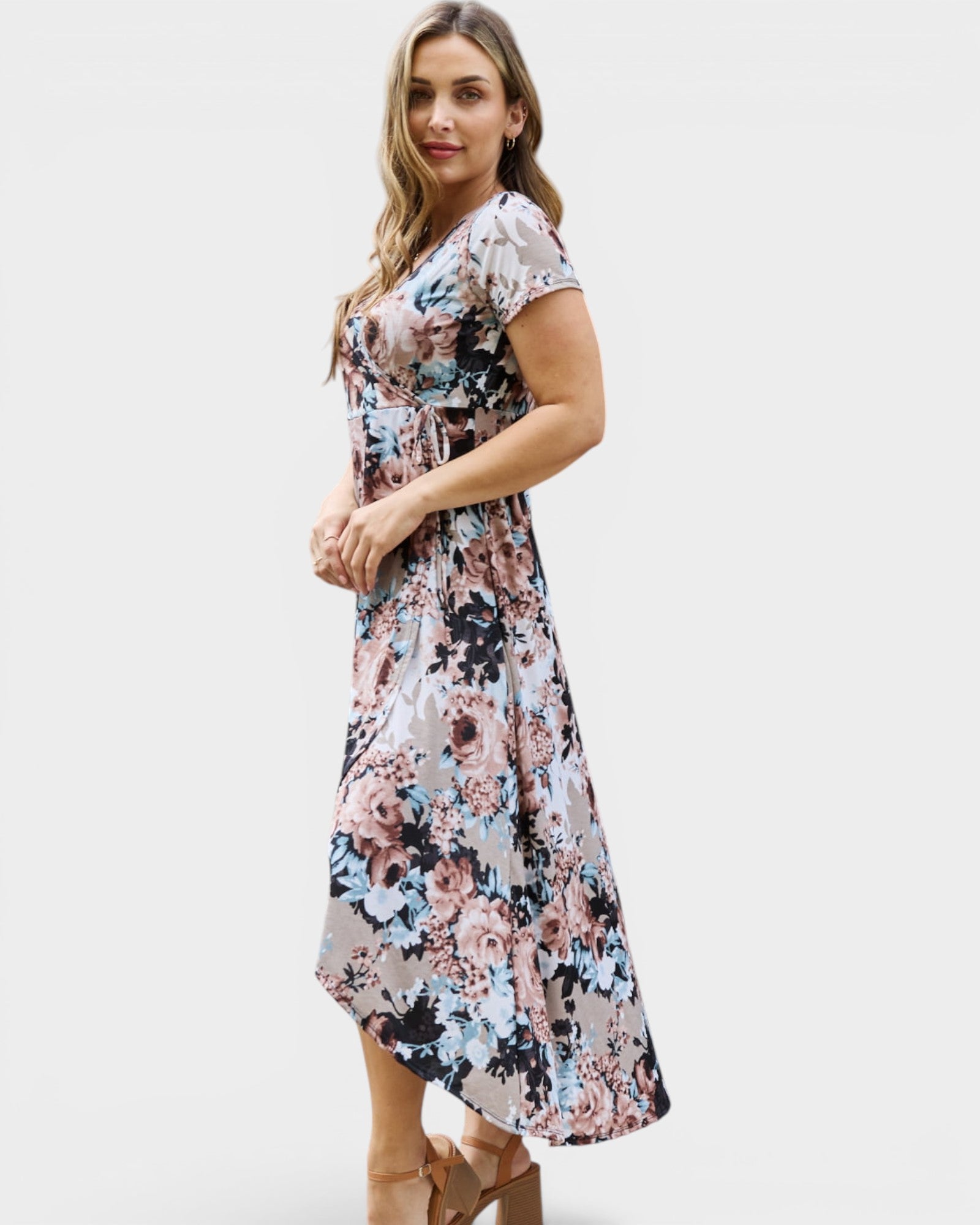 Taupe Floral Wrap Maxi Dress