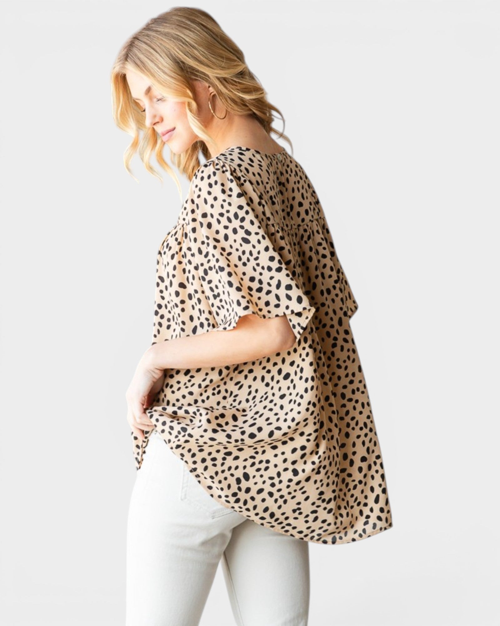 Khaki Spotted Flutter Sleeve Blouse