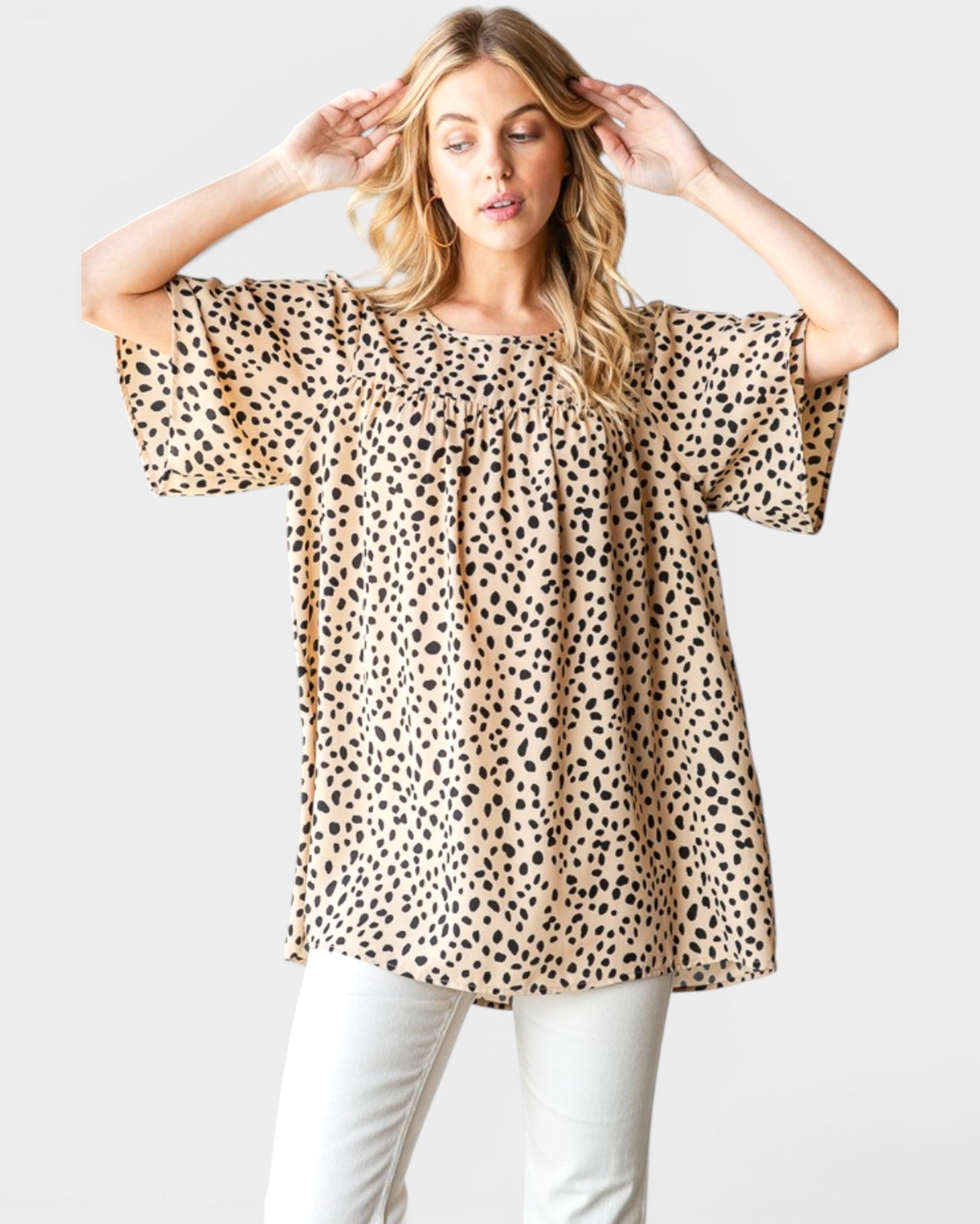 Khaki Spotted Flutter Sleeve Blouse