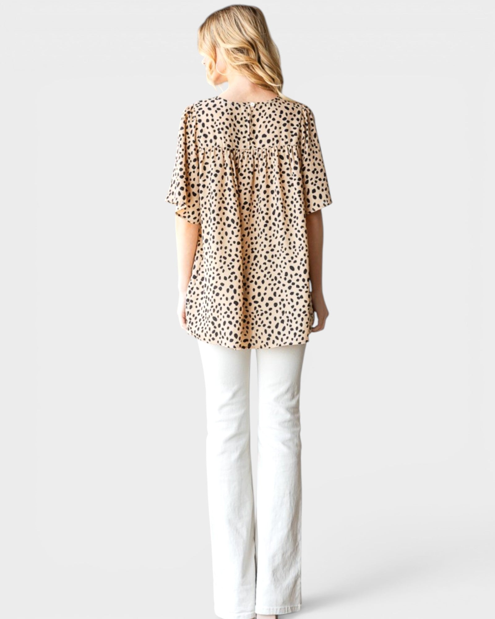 Khaki Spotted Flutter Sleeve Blouse