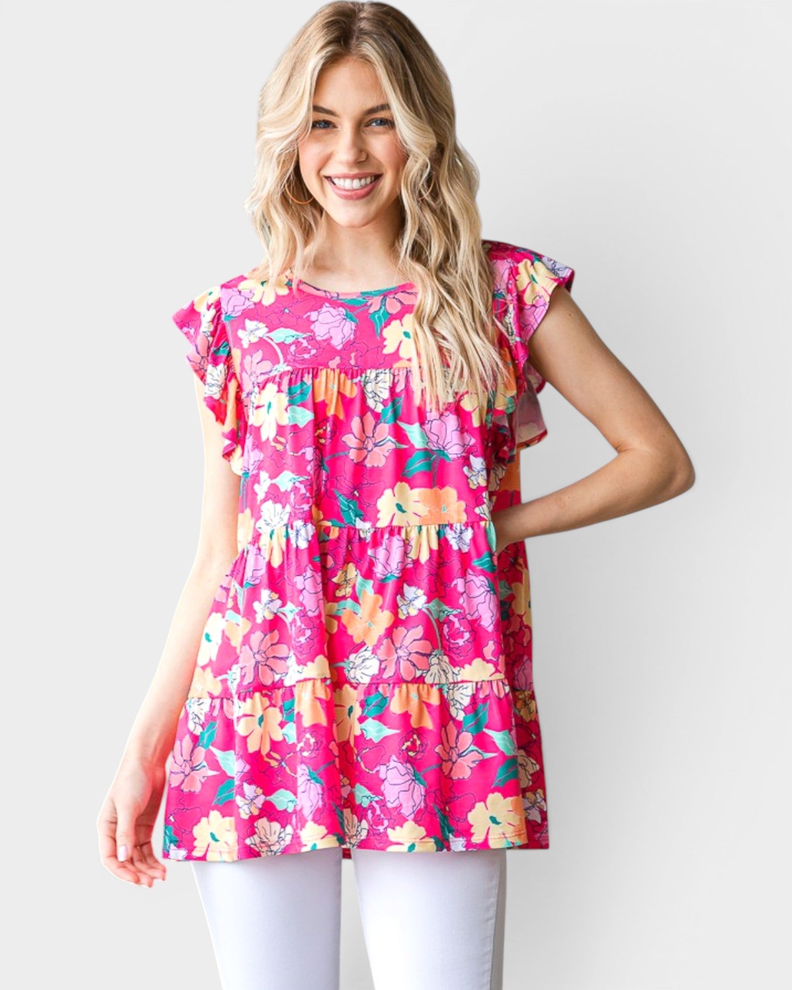 Fuchsia Floral Ruffle Sleeve Babydoll Top