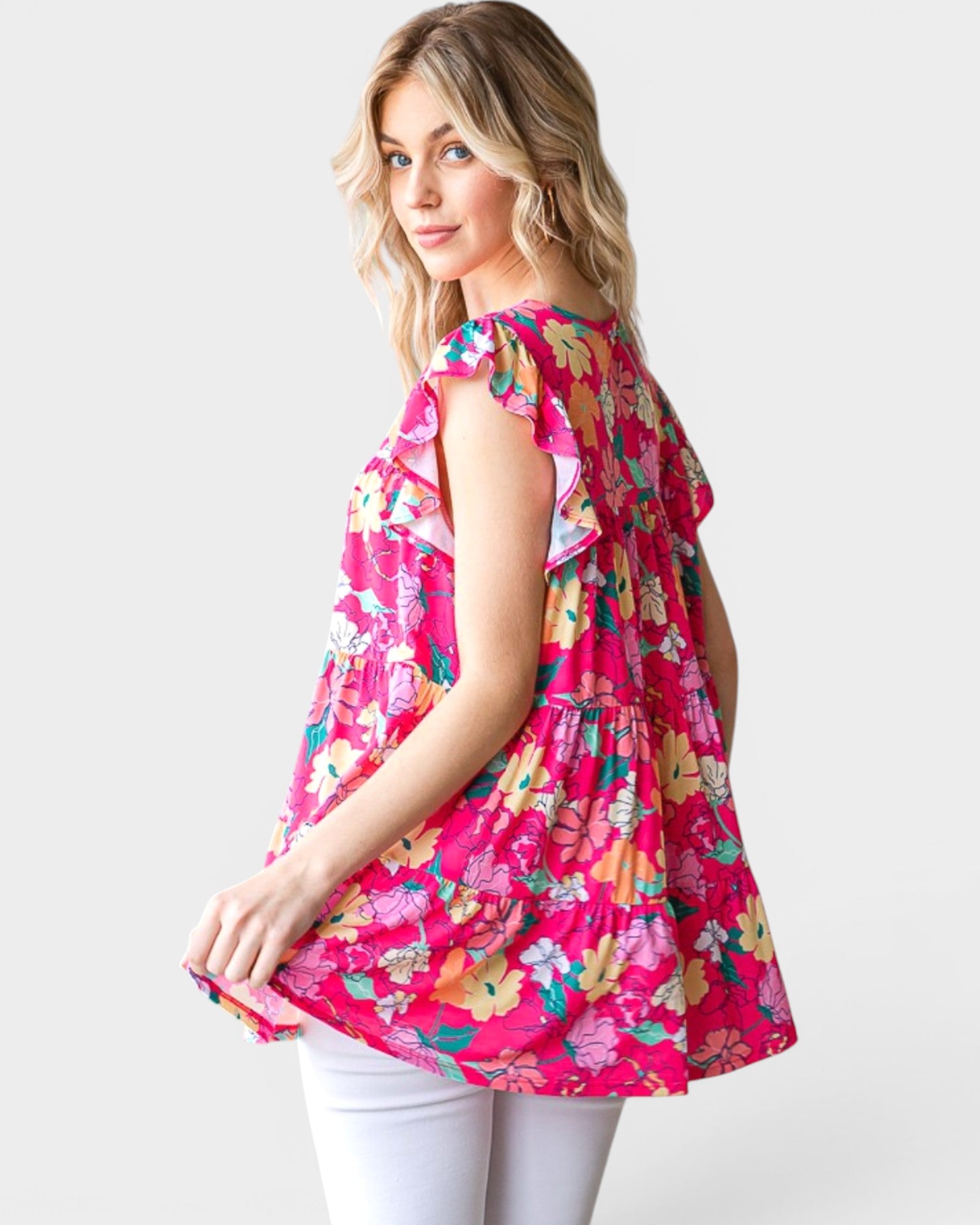 Fuchsia Floral Ruffle Sleeve Babydoll Top