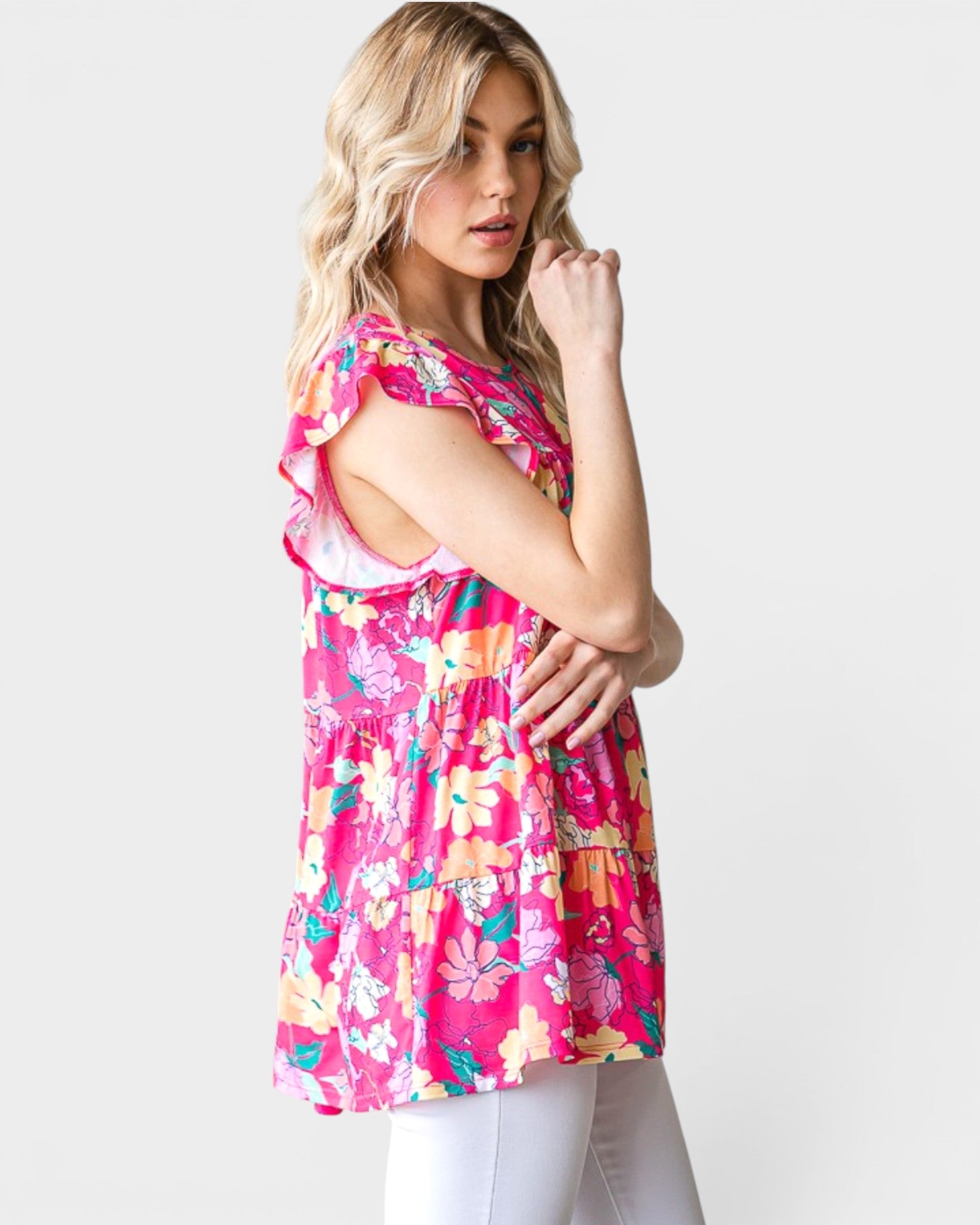 Fuchsia Floral Ruffle Sleeve Babydoll Top
