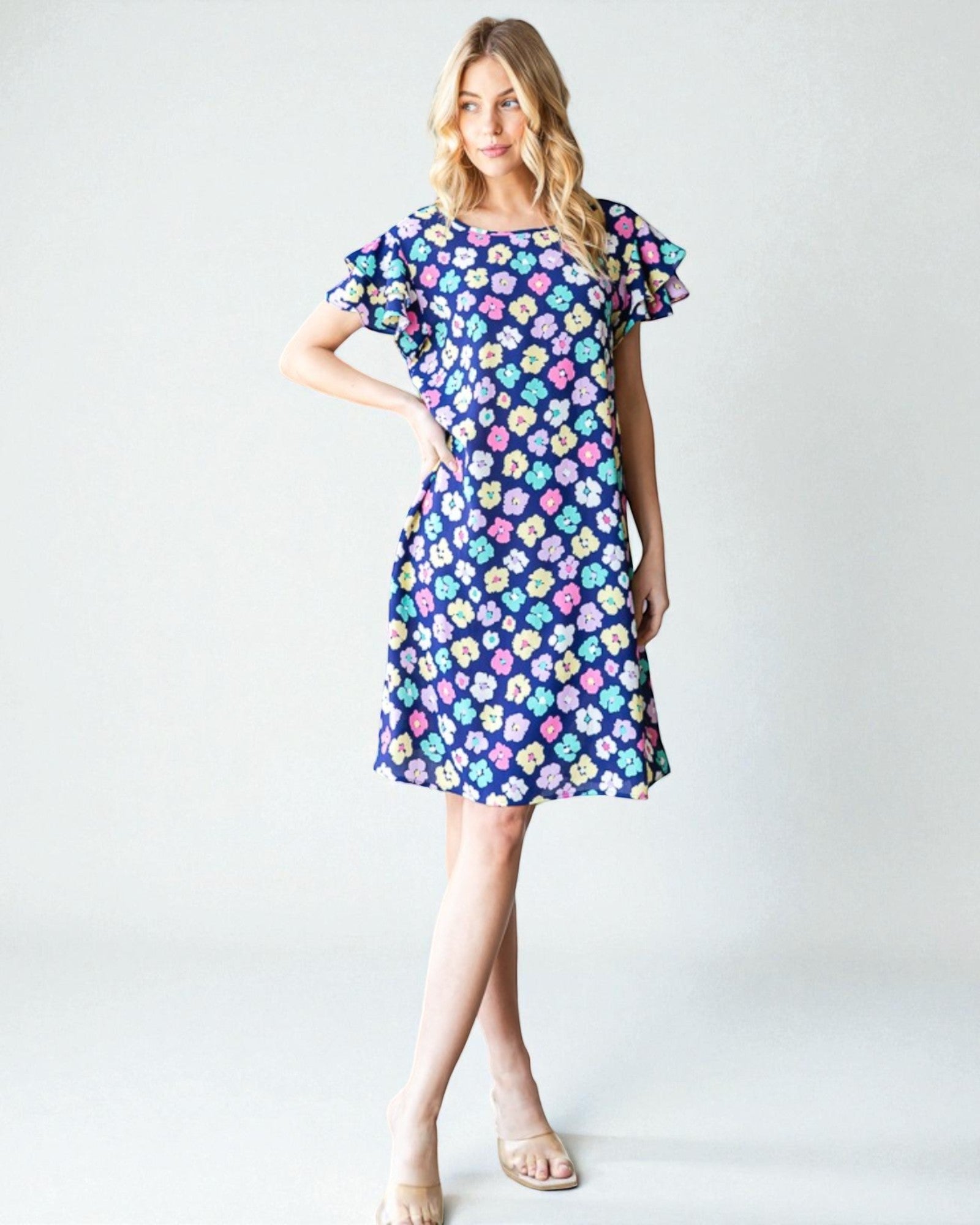 Robe mi-longue à manches à volants avec poches à fleurs bleu marine