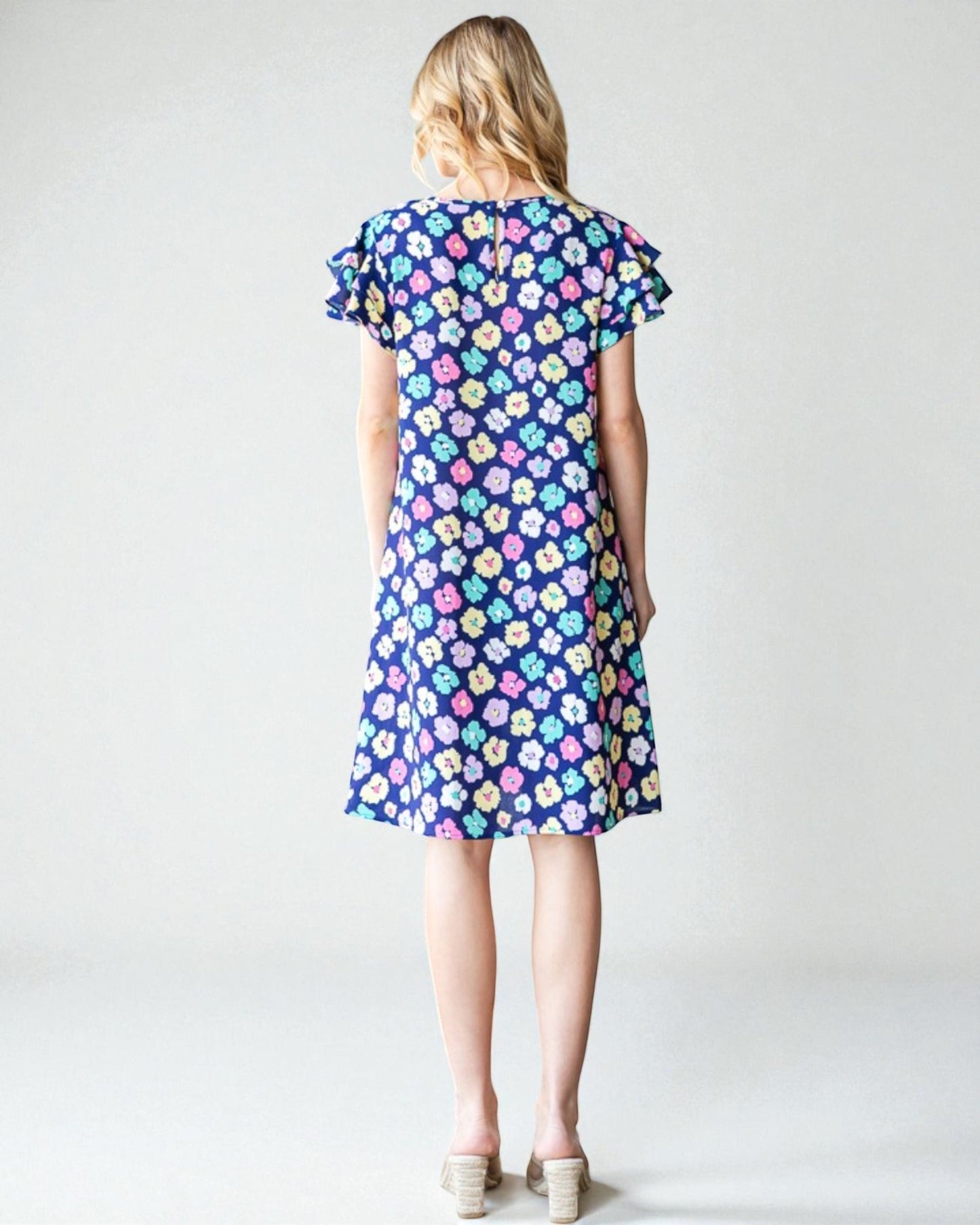 Navy Floral Flutter Sleeve Shift Dress