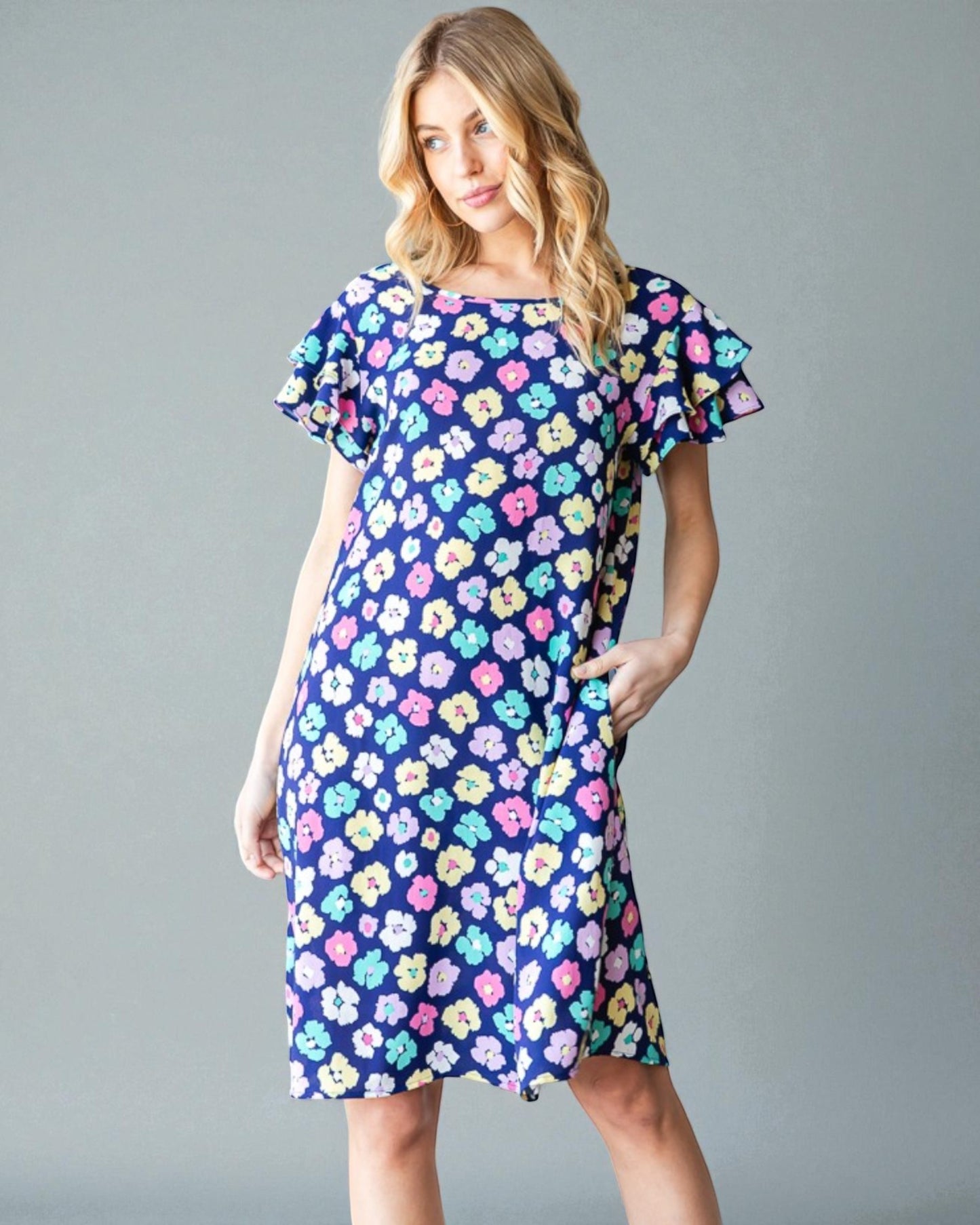 Navy Floral Flutter Sleeve Shift Dress