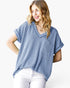 A woman wearing a blue and white vertically striped short-sleeve top with a V-neck and a chest pocket, paired with white pants, against a light gray studio background.